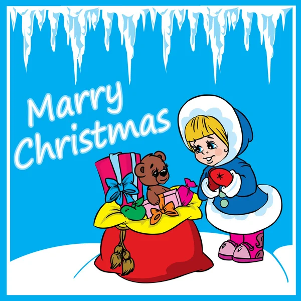 Christmas greeting card with gifts and girl — Stok Vektör